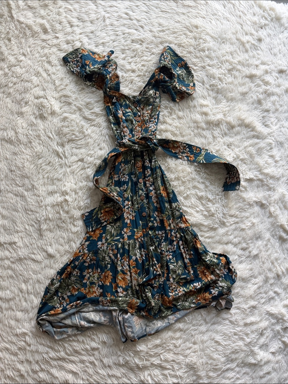 Boutique Handmade and Specialized Design Floral Teal Ruffle-Sleeve Wrap Dress